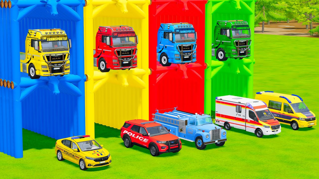 TRANSPORTING POLICE CARS, FIRE DEPARTMENT, AMBULANCE VEHICLES WITH TRUCKS ! Farming Simulator 22