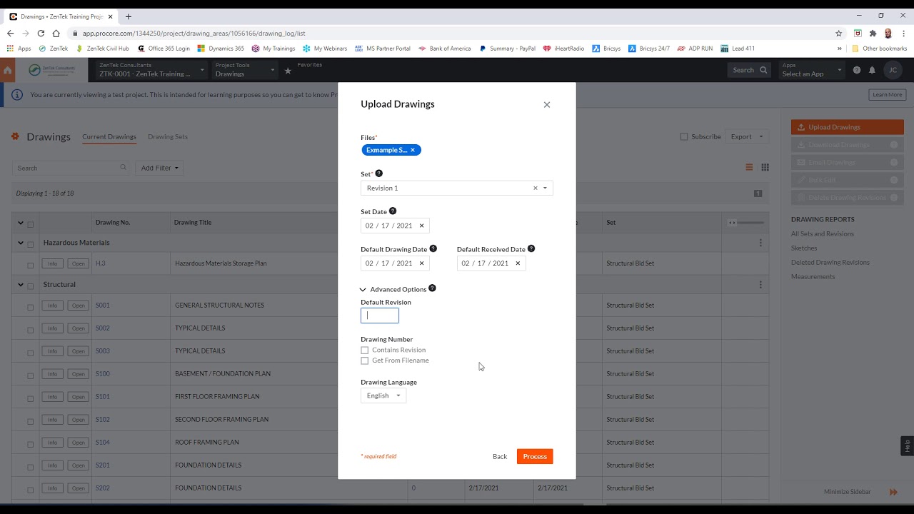 Procore — загрузка изменений чертежей