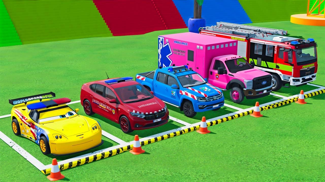 Double Flatbed Trailer Truck vs speedbumps |Police car vs speedbumps | Beamng Drive | #156