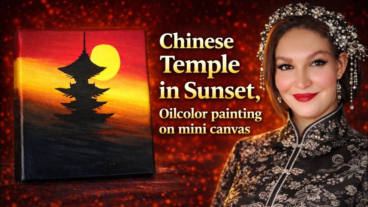 ✨️Chinese Temple in Sunset | Oilpainting on mini canvas✨️#art #viral #viralvideos #asmr #masterpiece