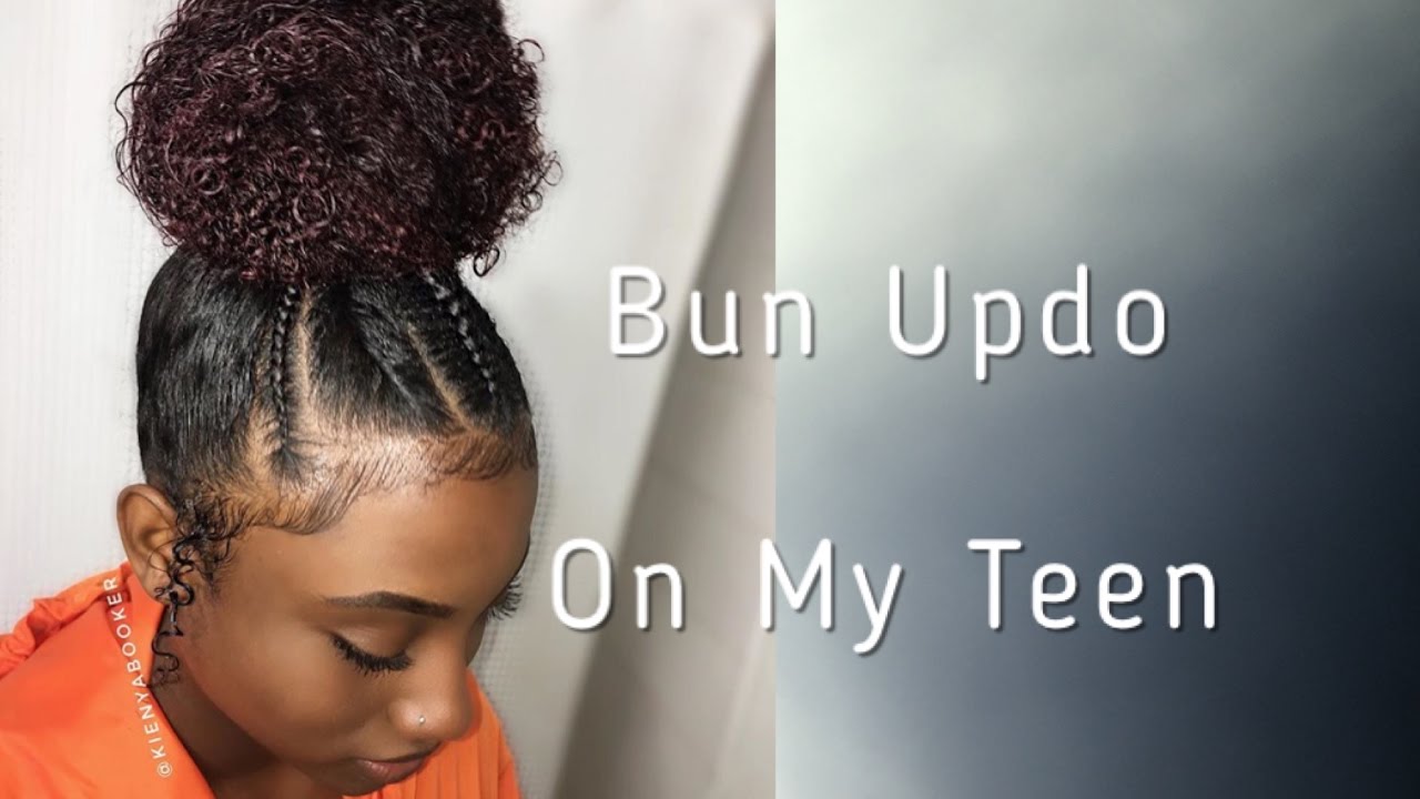 Quick and Easy Bun Updo w/ Braids on my Teenager - Natural Hair