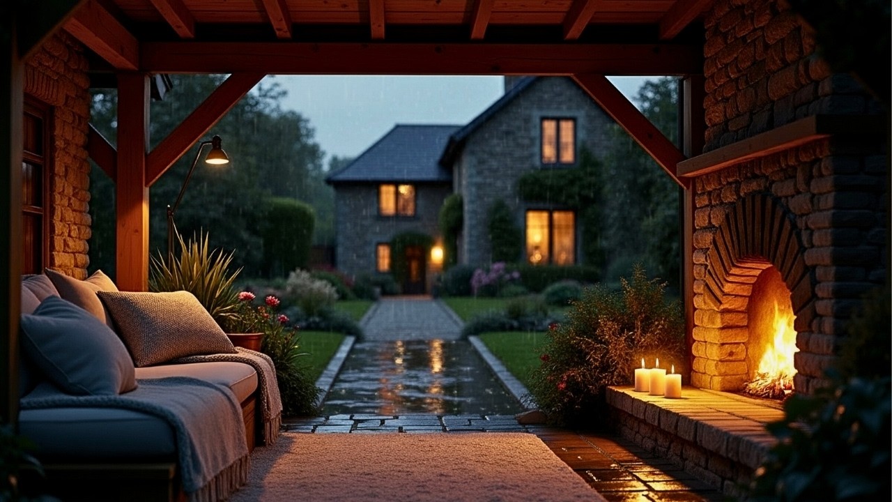 Cozy Outdoor Rain Sounds 🔥 English Cottage Garden Fireplace Ambience (4K)