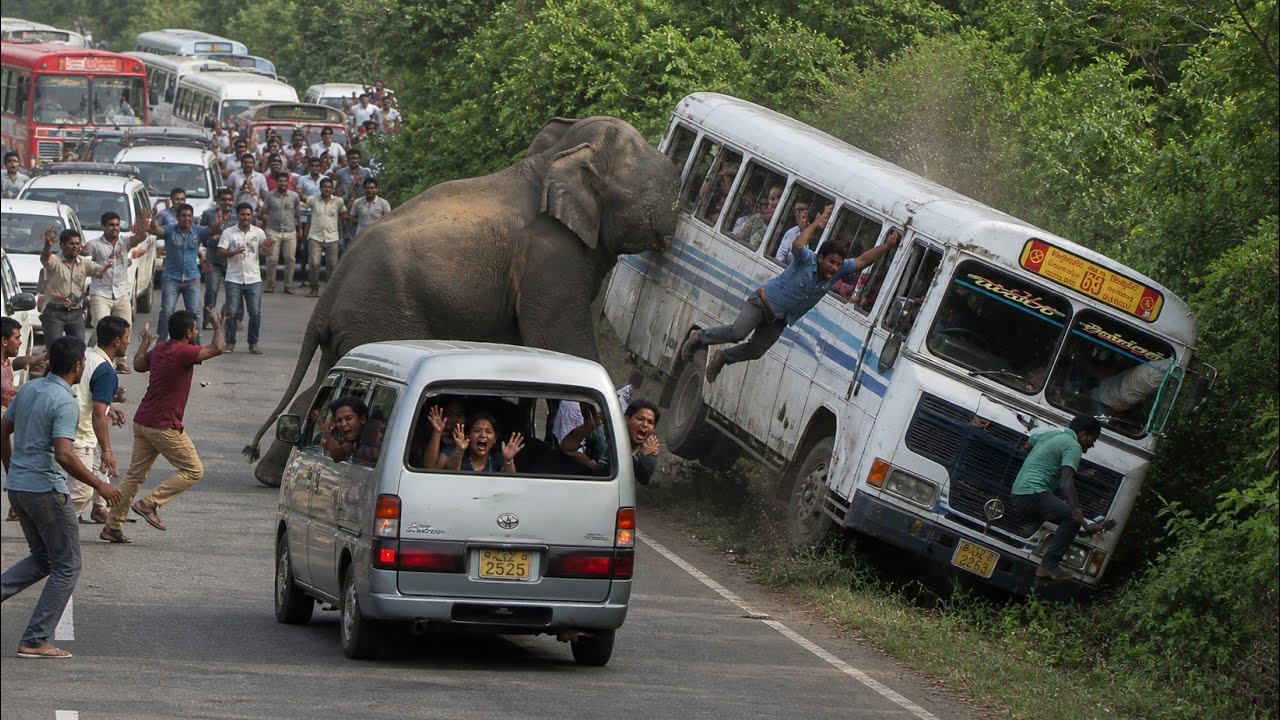 Angry Elephant Tries to Overturn Passenger Bus | Shocking Wildlife Encounter