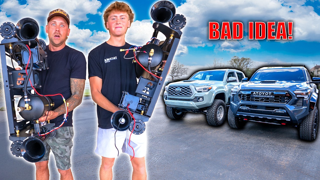 Pure Trouble!! My Son Noah & I Installed Real Train Horns On Our Trucks Just To Mess With People!