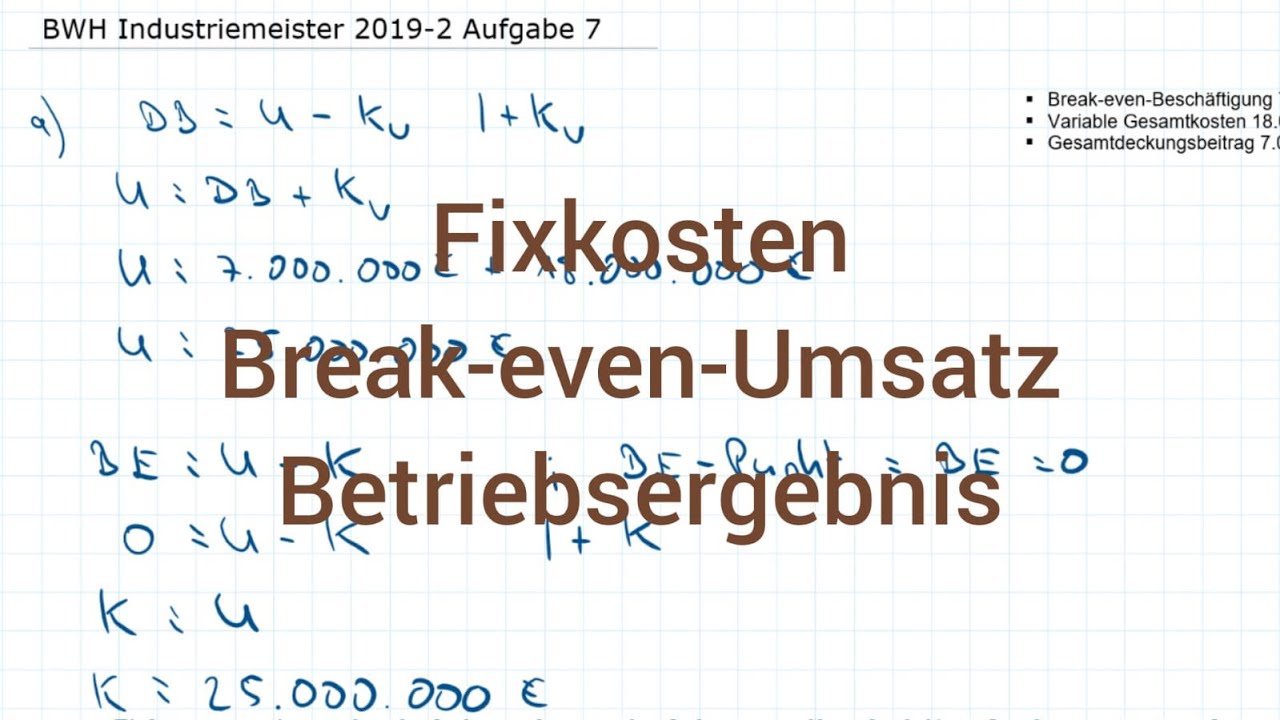 BWH Industriemeister Metall 2019-2 Herbst Aufgabe 7 - Fixkosten, Break-even-Umsatz, Betriebsergebnis
