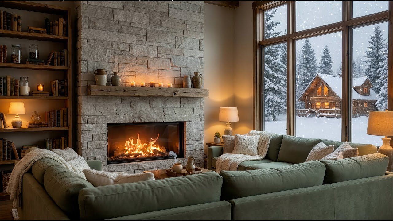 Warm Winter Night Indoors ❄️ Candlelight, Fireplace & Jazz Piano Ambience for Stress Relief