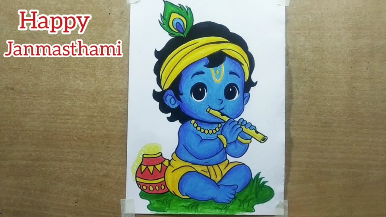 Krishna Ji Drawing Easy - Janmashtami drawing | bal krishna with flute 