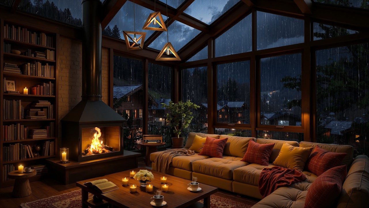 Rainy Attic Cabin Jazz 🌧️ Fireplace Glow, Window Rain & Cozy Night Focus Ambience