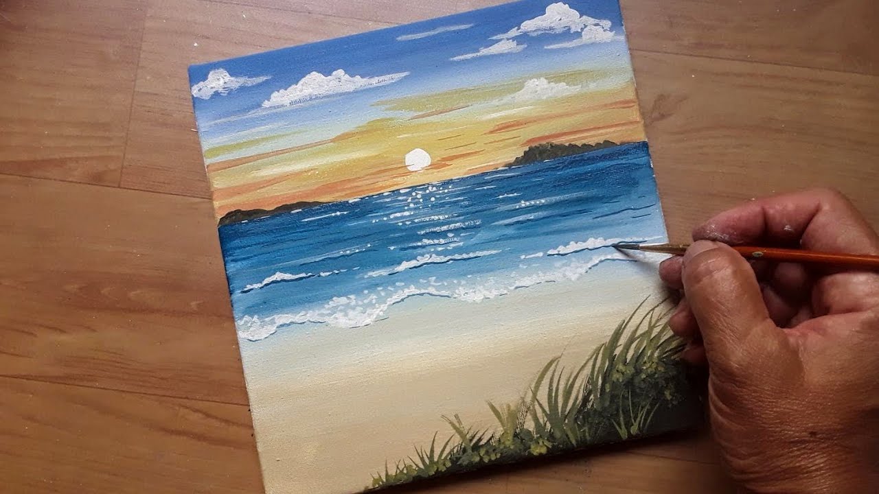Pintura fácil de pôr do sol na praia  / pintura acrílica passo a passo