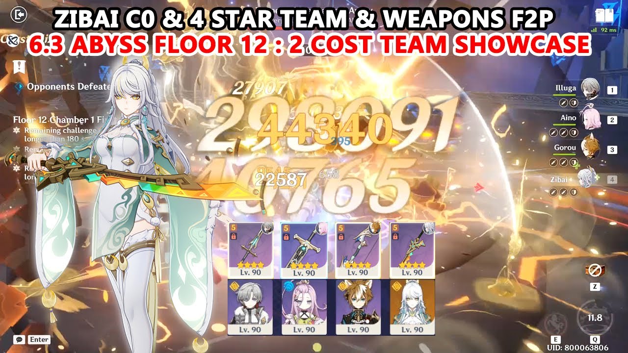 Zibai C0 & 4 Star Team & Weapon F2P : 6.3 Abyss Floor 12 : 2 Cost Team Showcase
