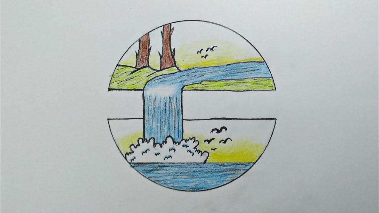 How to Draw Nature Scenery of Waterfall, Sunset and birds | Easy Waterfall Sunset Scenery Drawing