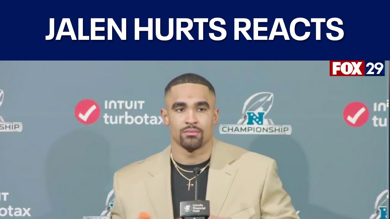 Eagles Quarterback Jalen Hurts reacts after NFC Championship win