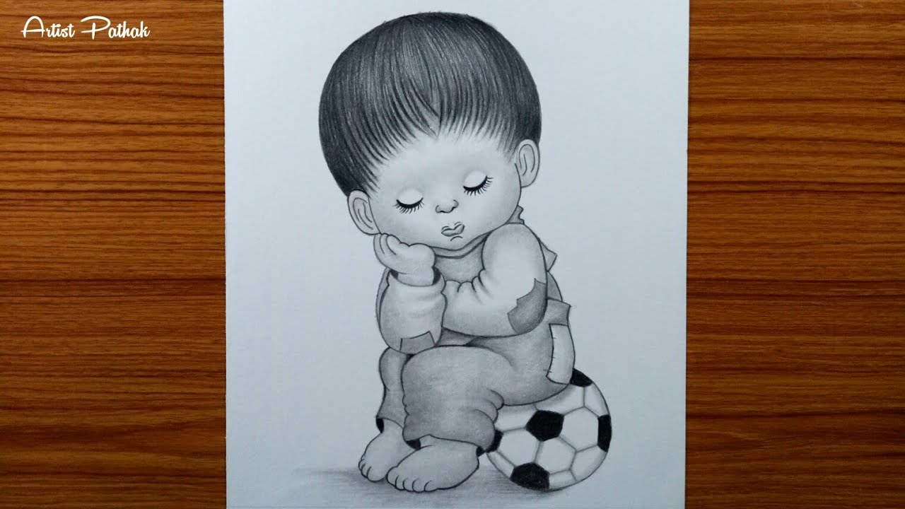 How to draw a baby boy with football drawing | a baby with football pencil sketch drawing