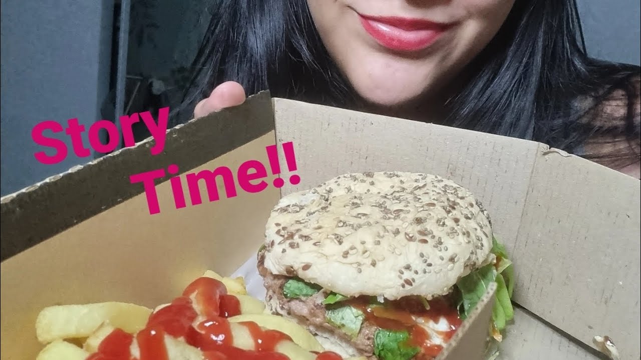 ASMR comiendo hamburguesa y papas fritas + Story time "Ex amigo tóxico de mi esposo"