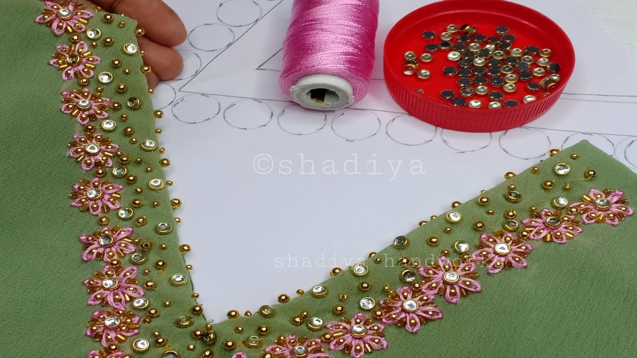 unique neck embroidery design with lazy daisy and stones |hand embroidery neck design