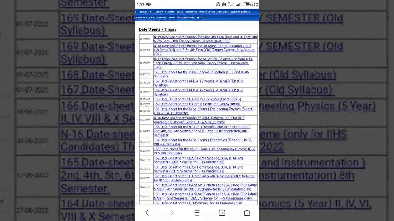 kurukshetra University Exam Date sheet Release Regular Student July-August 2022