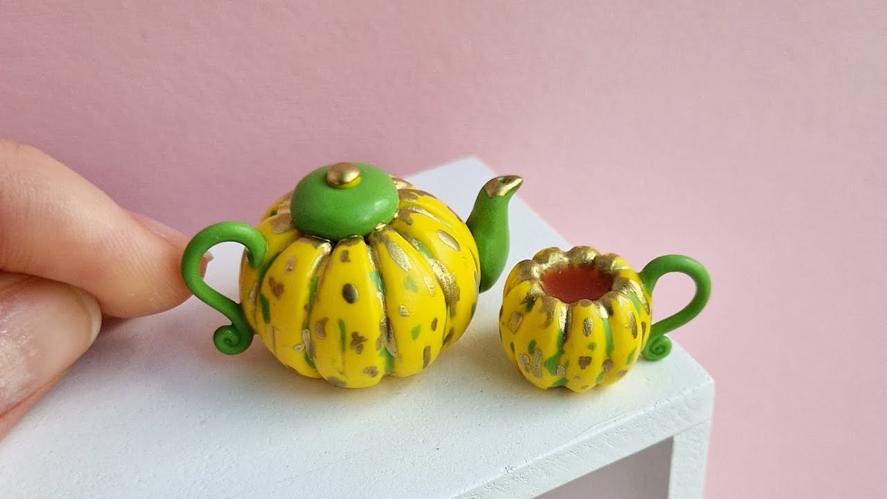 Miniature pumpkin teapot and cup💛Polymer clay