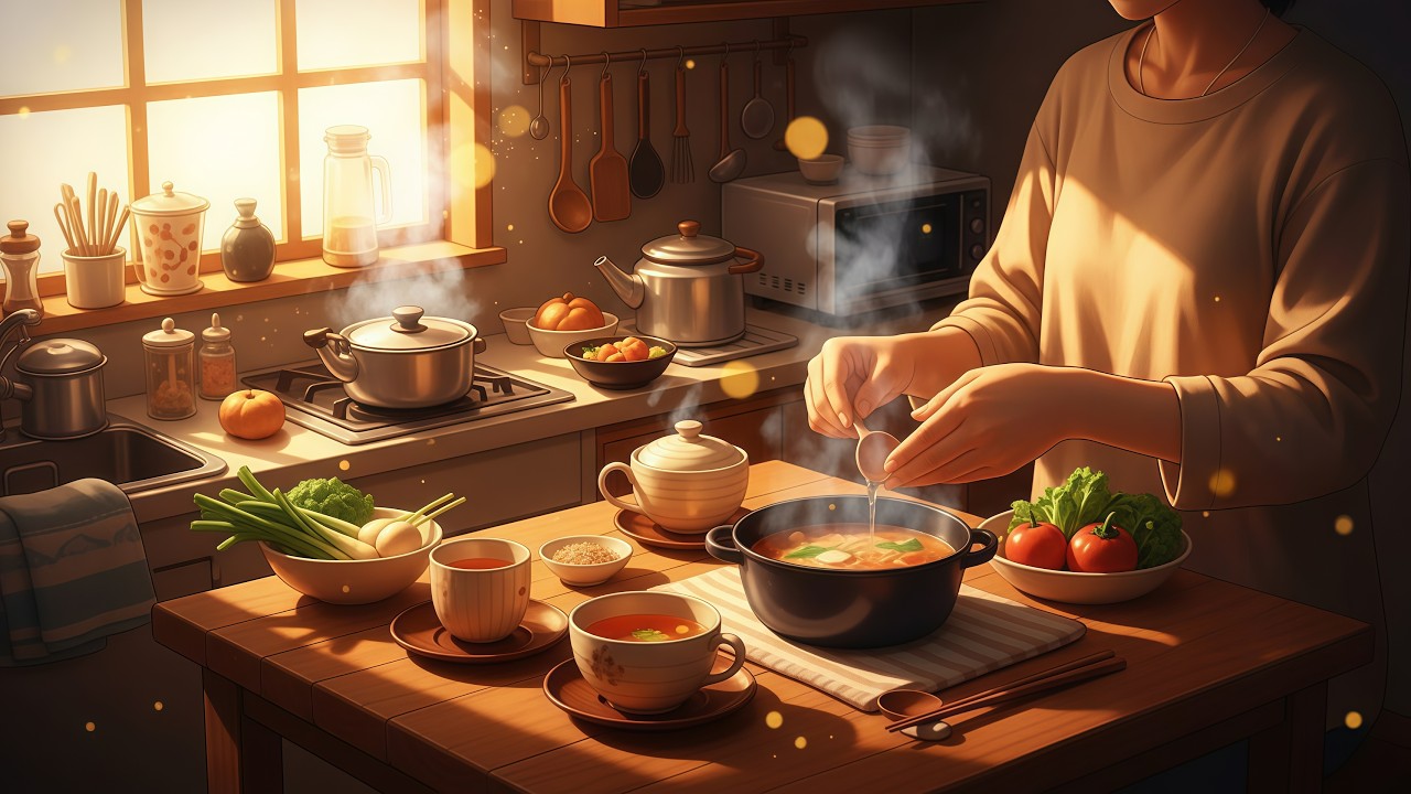 ASMR Cooking Ambience 🍳✨ Relaxing Kitchen Sounds with Soft Music for Sleep & Study