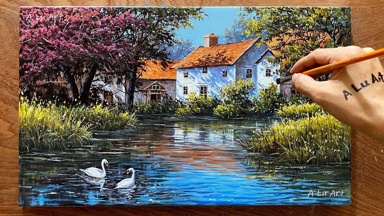 Drawing landscape of pond behind house 