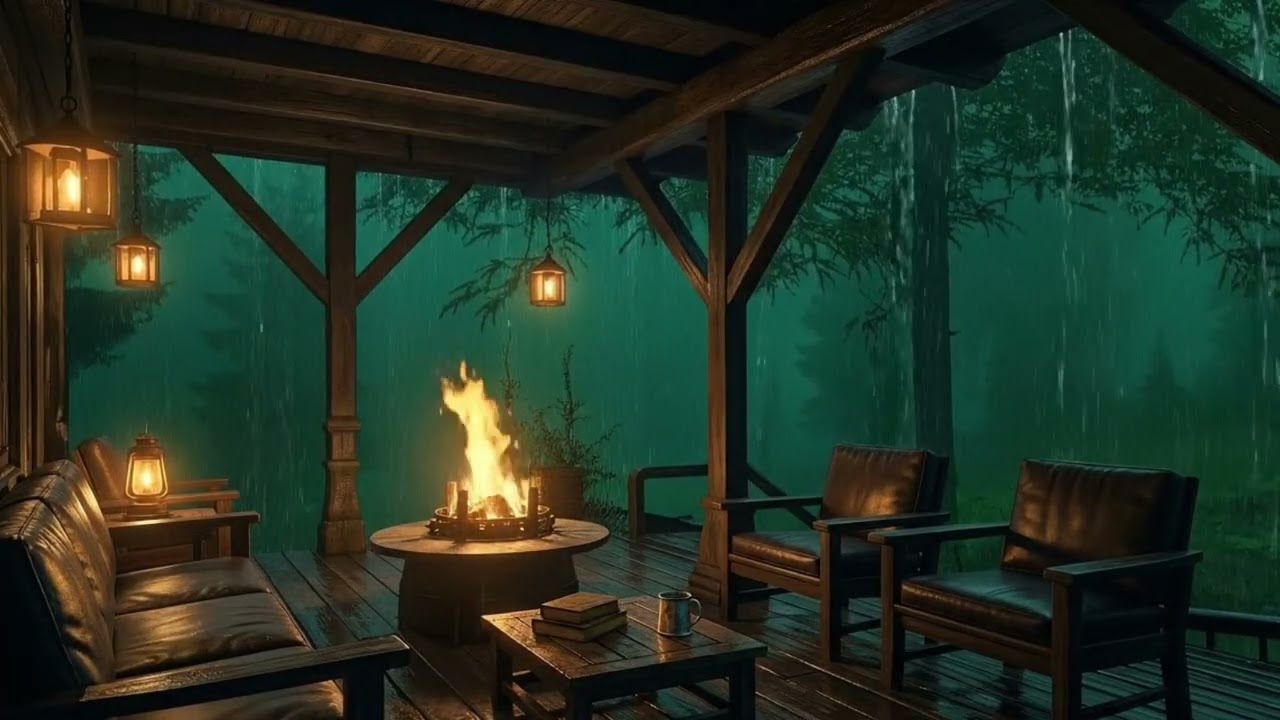 3 Hours of Relaxing Rain on a Cabin Porch and Crackling Fire Pit Sounds for Deep Sleep and Rest