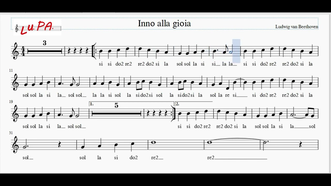 Inno Europeo - Inno alla gioia - (riveduto e migliorato)- Flauto dolce - Note - Spartito - Tutorial