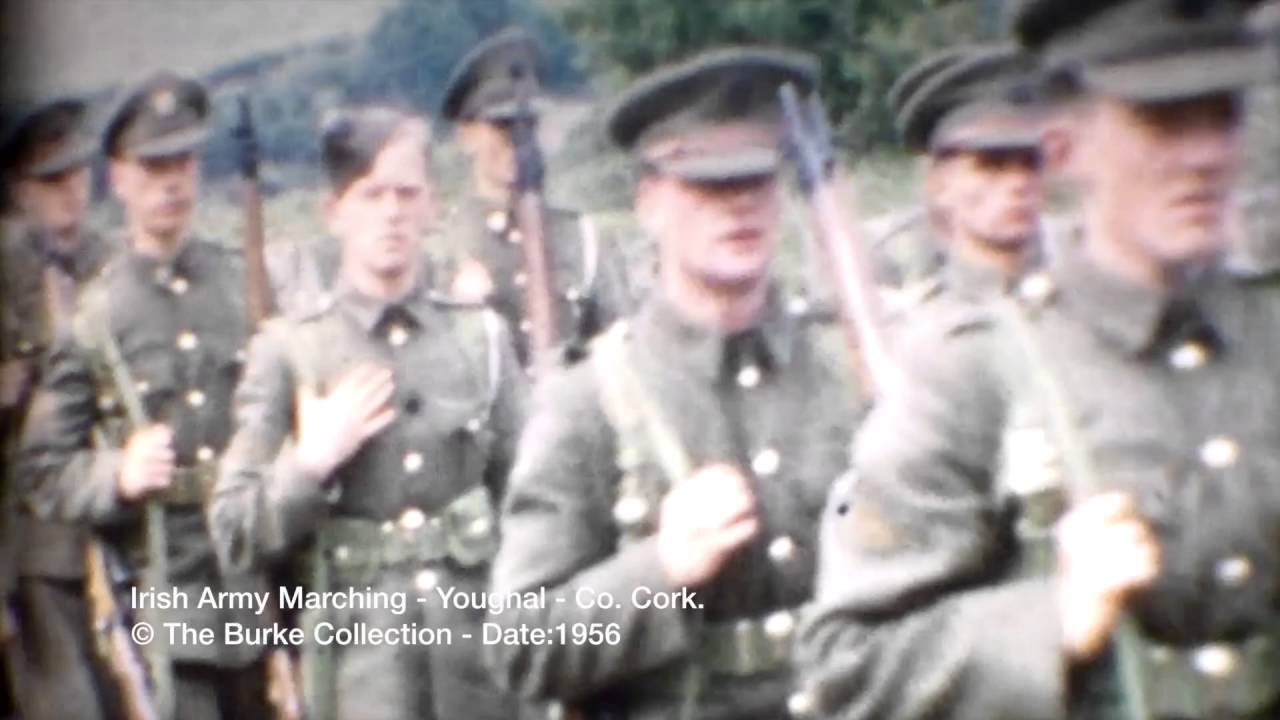 Old film of the Irish Army marching in Youghal, Co. Cork.  Date 1956