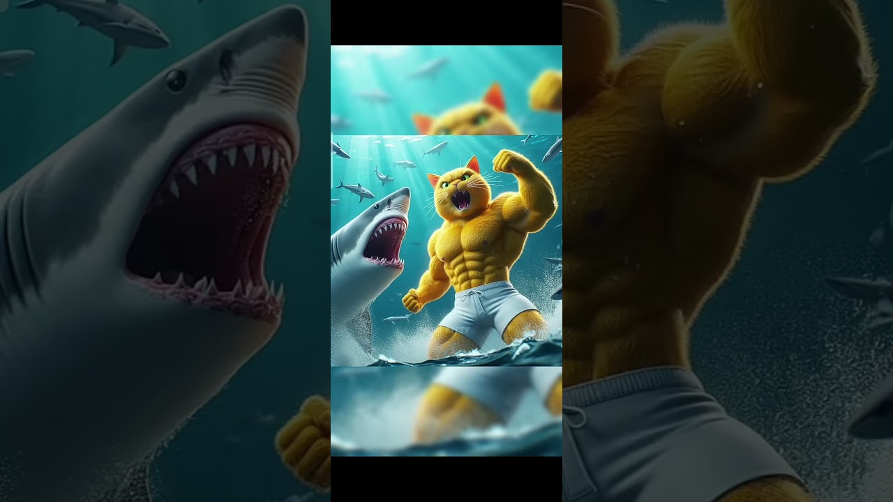 Papa cat fighting shark to save son cat