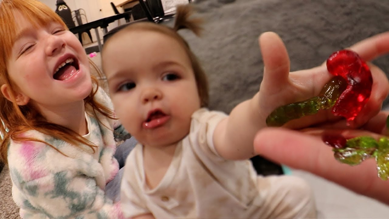 NAVEY has GUMMY WORMS!!  Family Dance Party! visiting grandma, new jumping game, and family nail spa