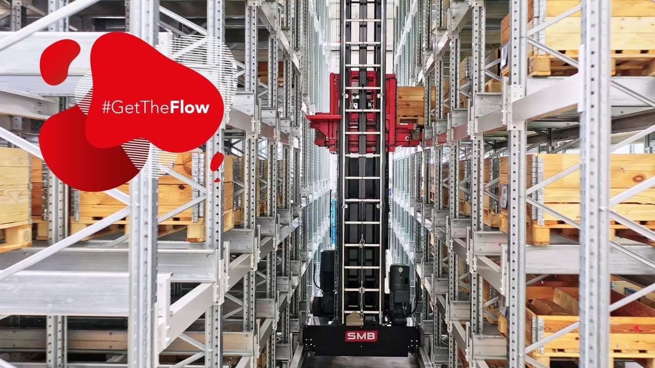 SMB Zwei-Mast-Regalbediengerät mit CAPtriever Shuttle – Lagersystem für WEBER Schraubautomaten GmbH