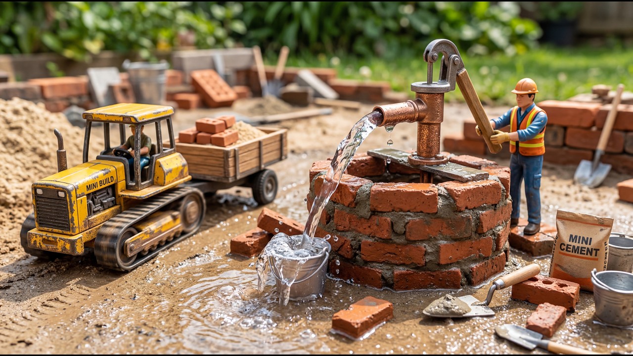 🚜 Mini Tractor Builds Brick Water Well | DIY Working Pump Project 💧
