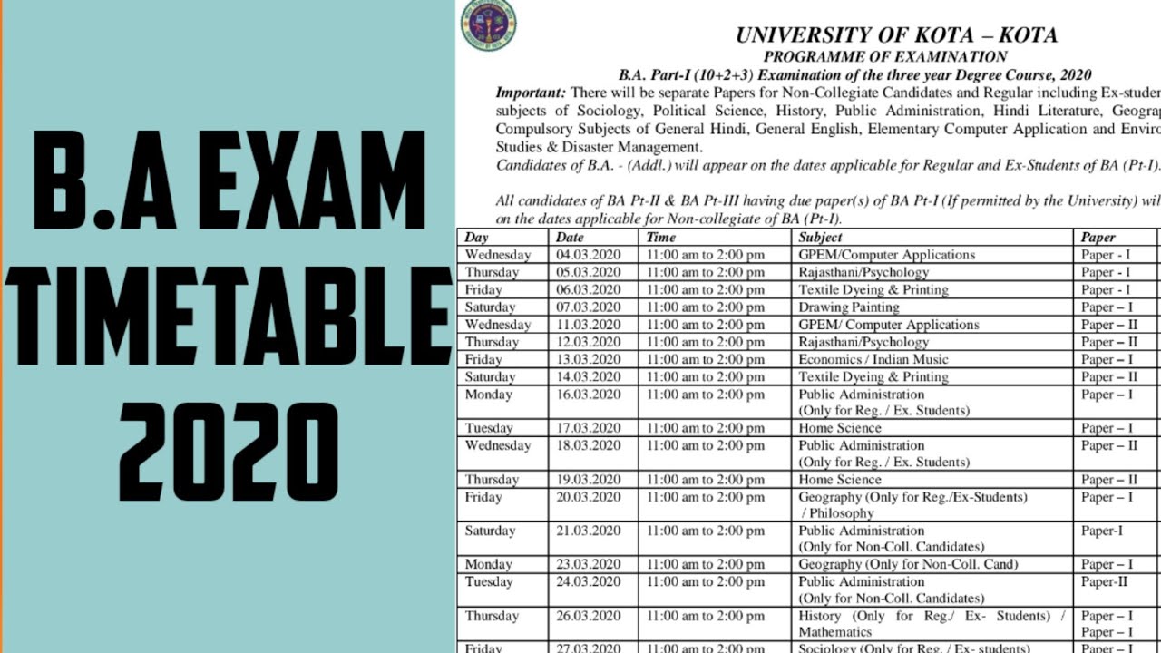 B.A exam timetable 2020 | university of kota |