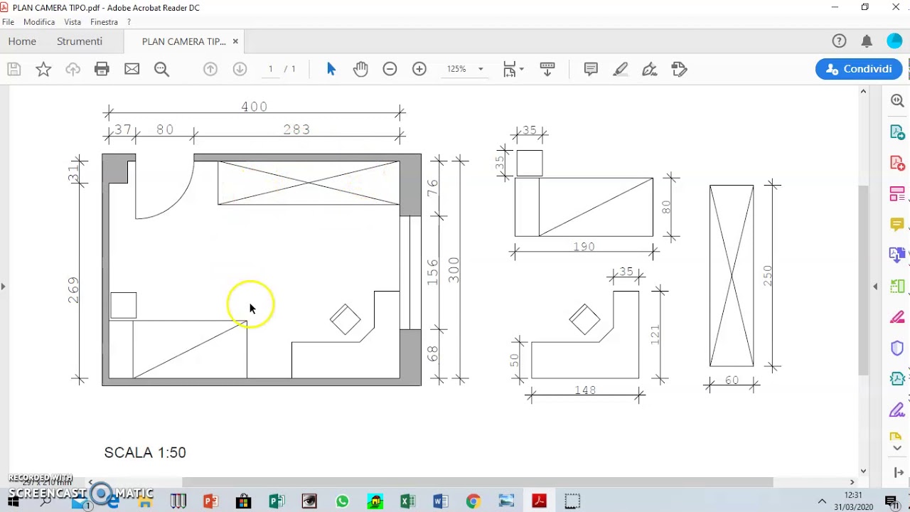 Disegno tecnico della propria cameretta. Per scuola secondaria.