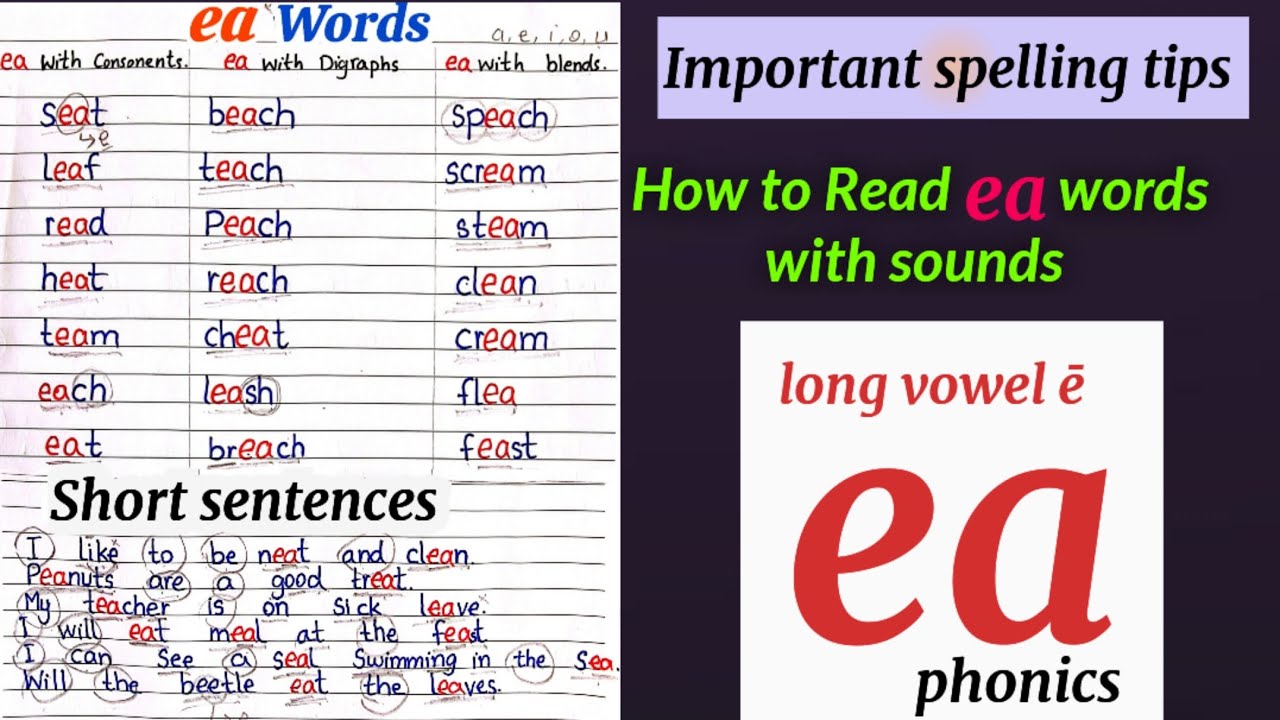 Digraph ea. ea sound words.  How to blend ea words. Vowel digraphs. Long vowel e