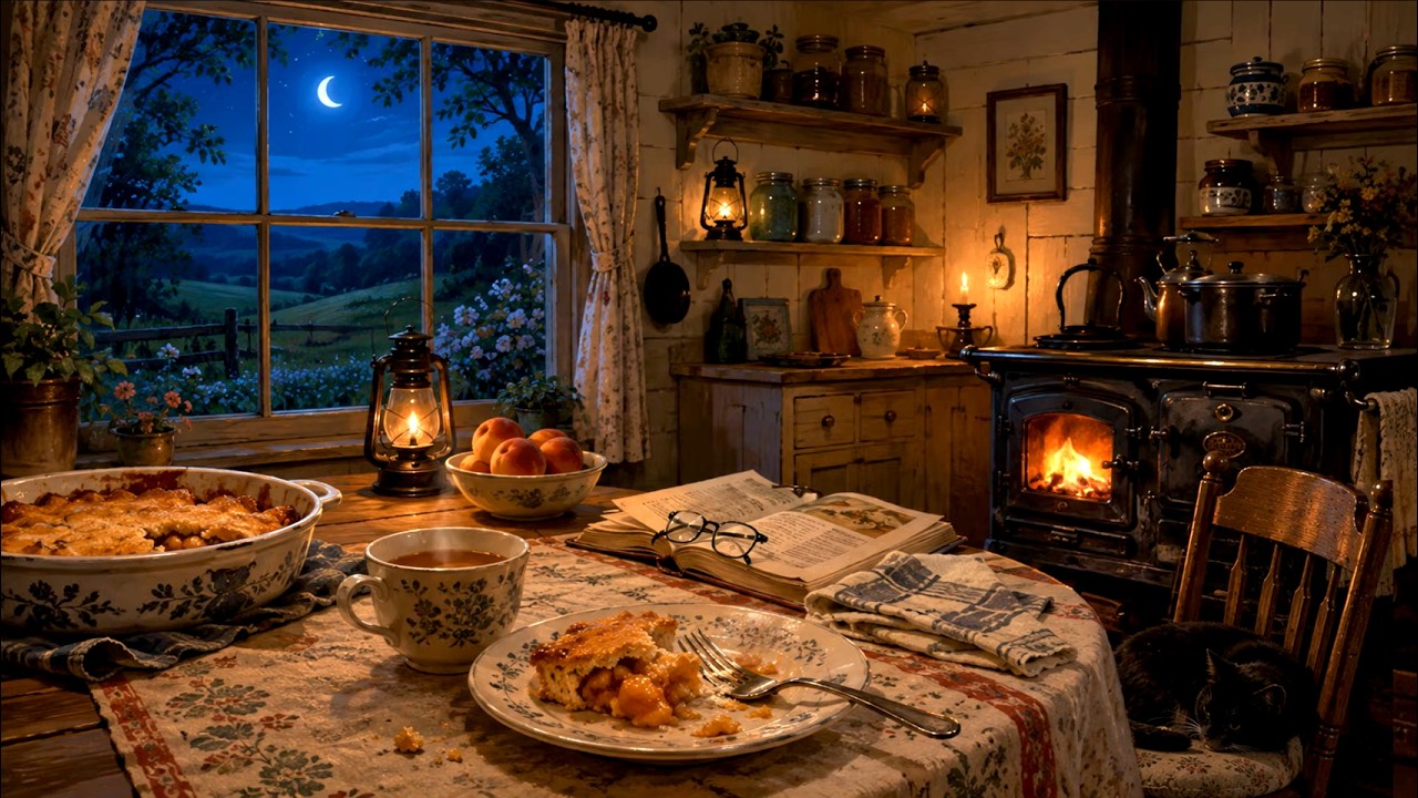 Quiet Cottage Kitchen 🌙 Cozy Night, Peach Cobbler & Tea | Peaceful Country Ambience (5 Hours)