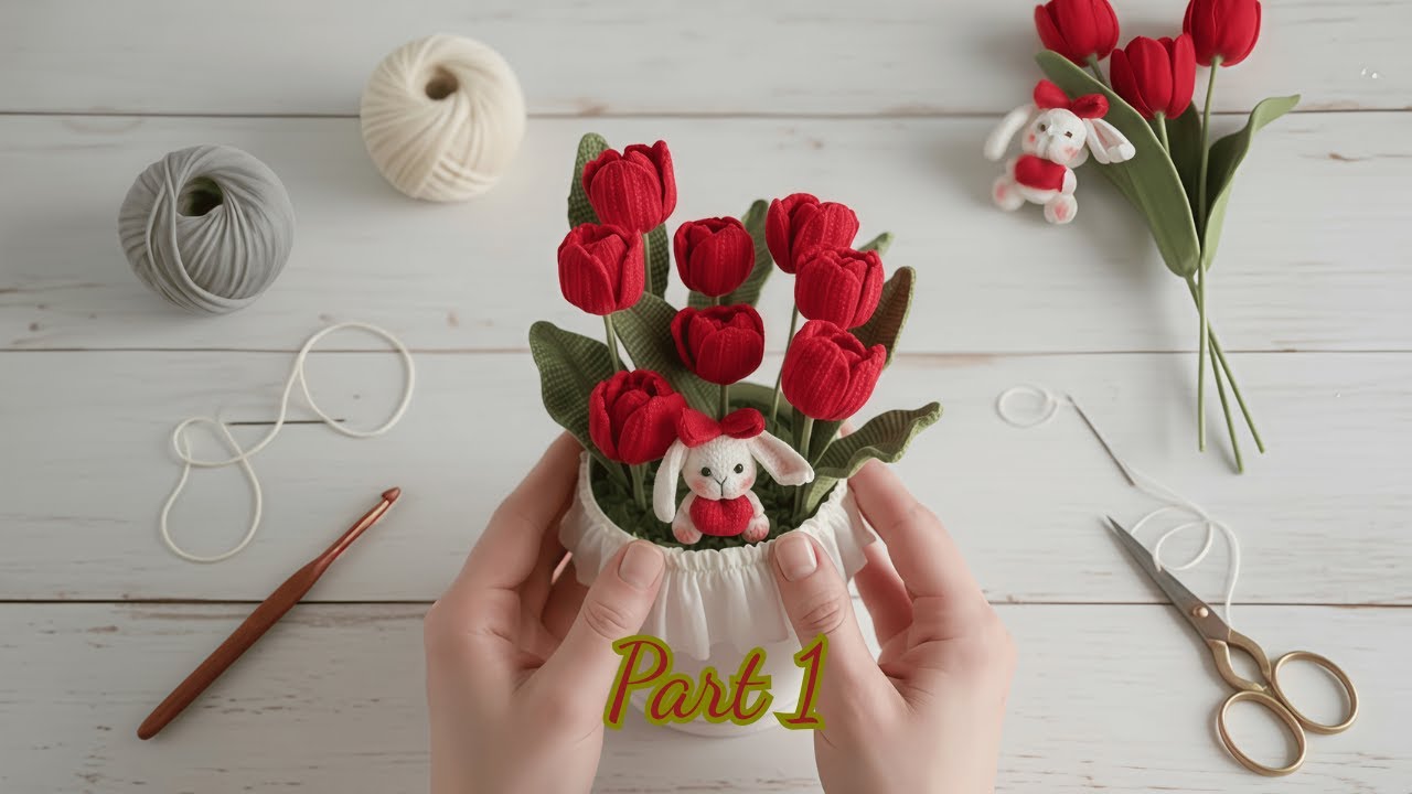 Easy Crochet Tulip Bouquet Tutorial 🌷 | 3D Potted Flowers For Beginners | Step-by-Step Crochet part1