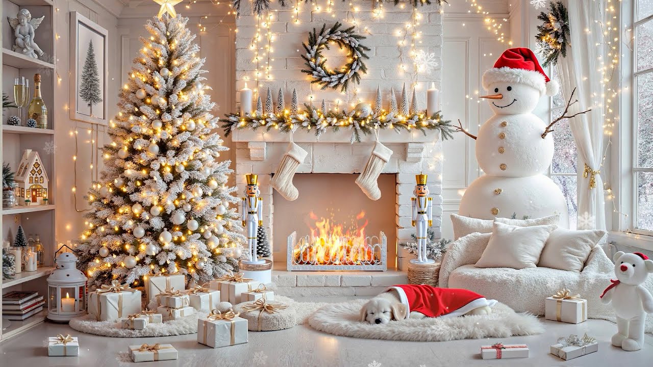 White Christmas Fireplace Ambience ☃️ Soft Instrumental Christmas Music ❄️ White Christmas Ambience