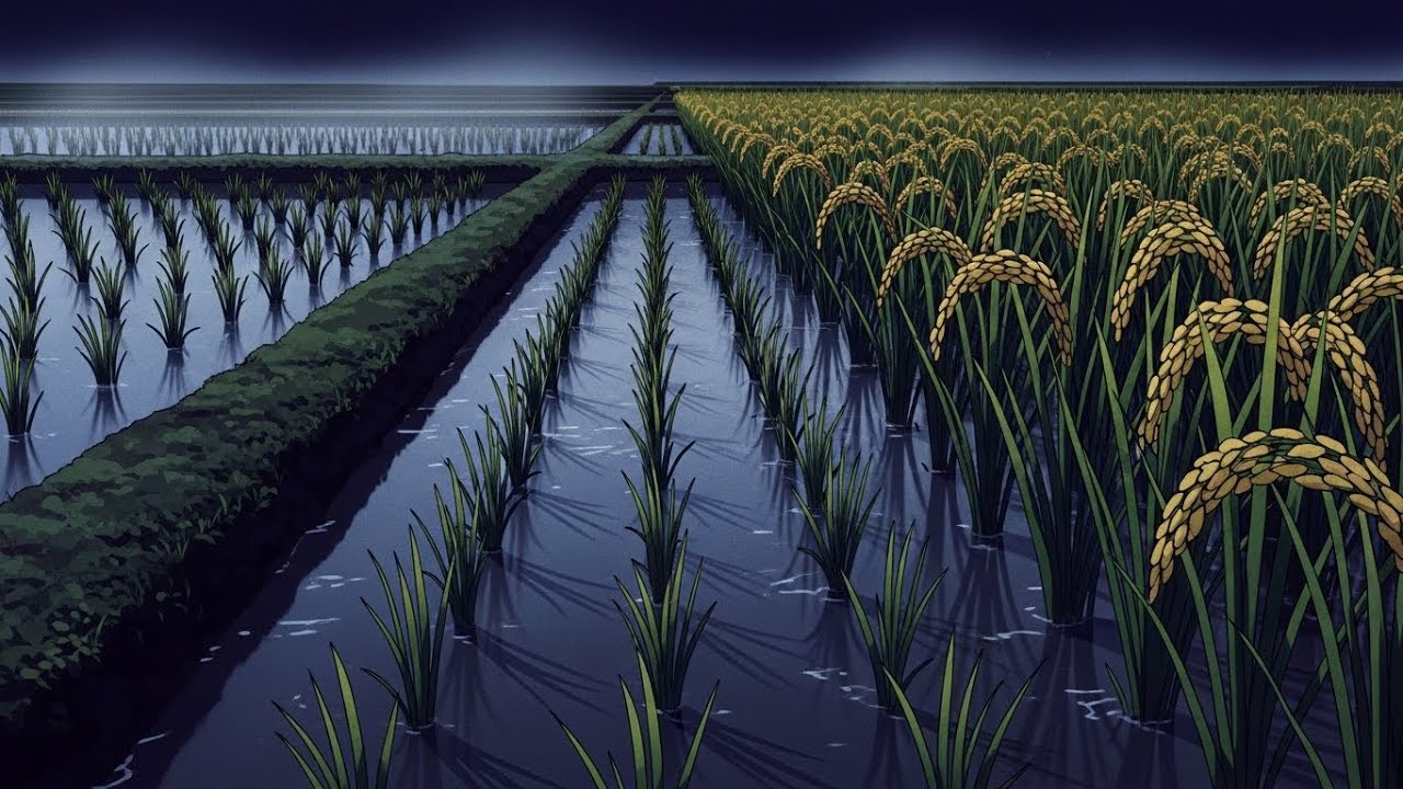 Midnight Hush Chill Lofi Waves Rolling Lightly Through Peaceful Glowing Rice Fields