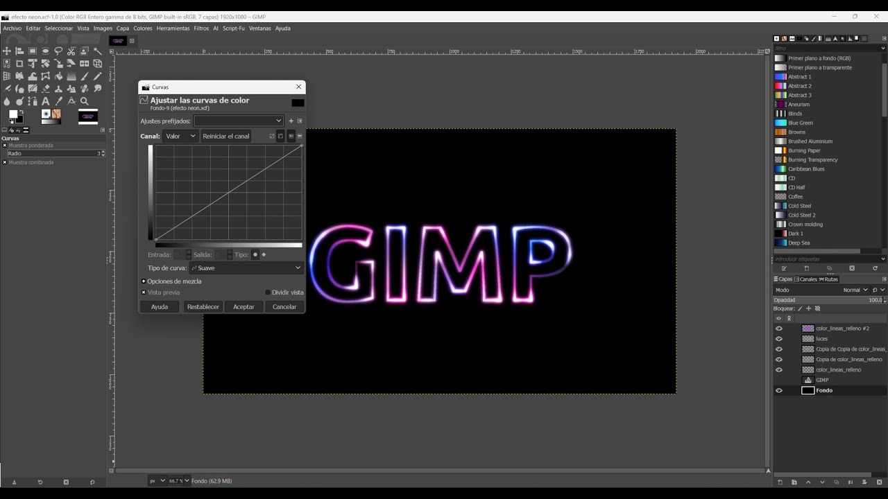 Como crear un efecto tipo neón en texto GIMP
