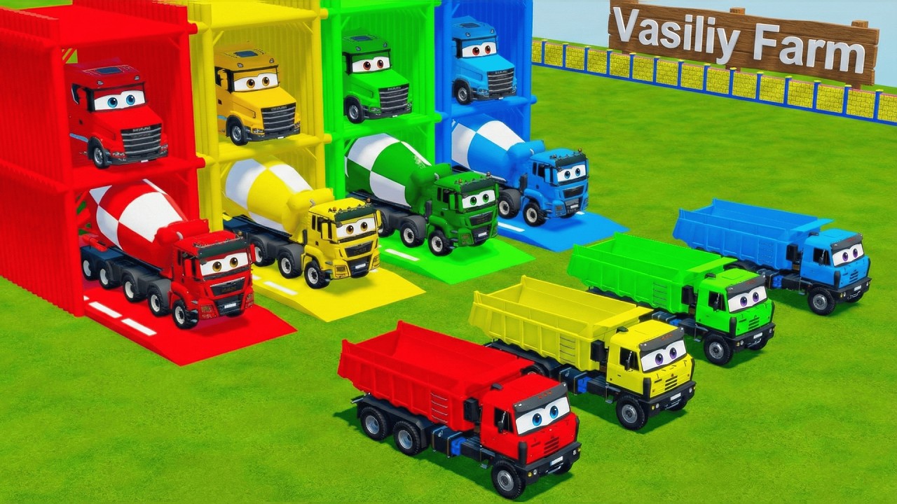 Garage with Color - ALL MIXER TRUCK WITH DOUBLE FLATBED TRAILER TRUCK, VOLKSWAGEN, INTERNATONAL FS22