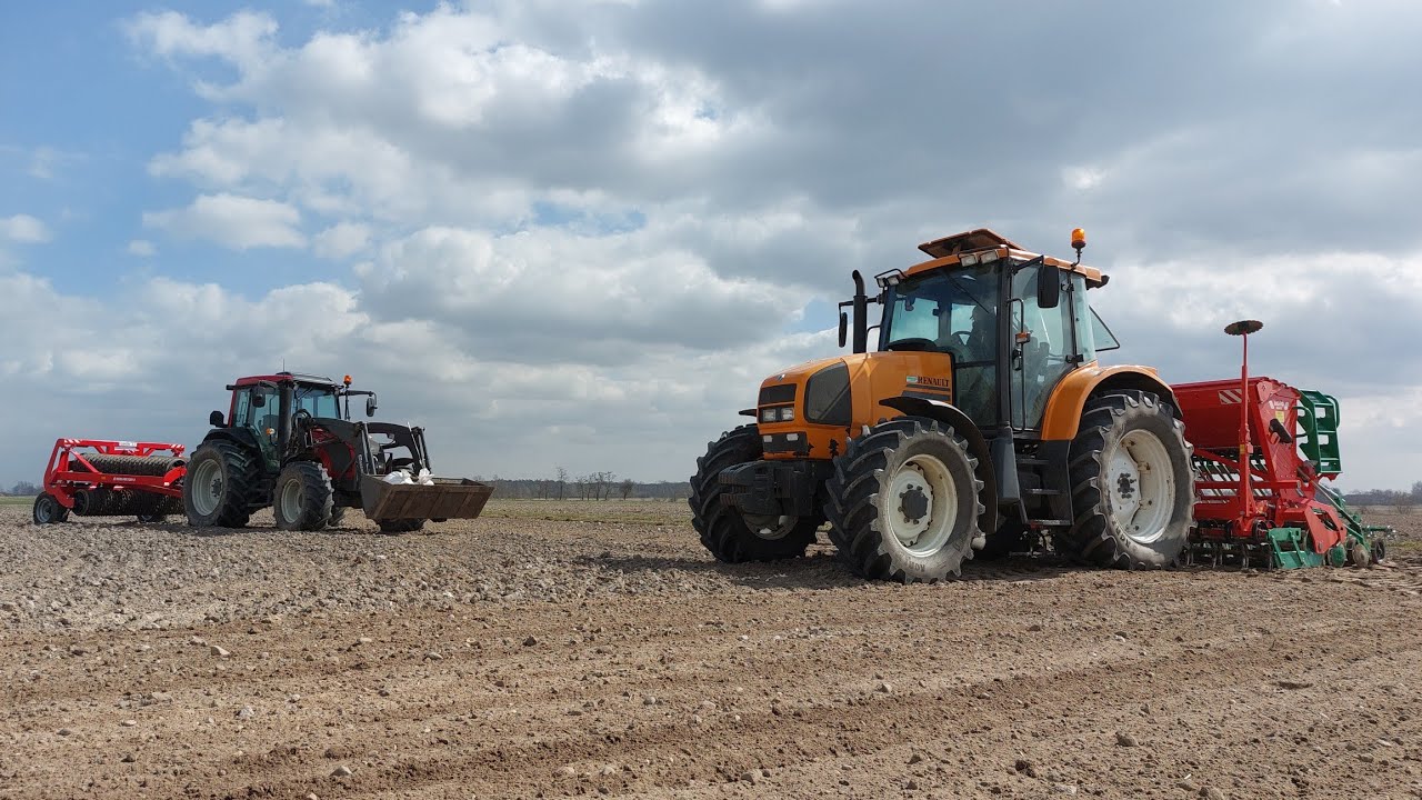 Wiosna 2022. Siew i wałowanie. Renault Ares 630RZ, Valtra A83, AgroMasz ANU30, SN300, AgroFactory.