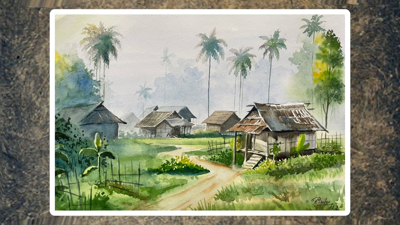 How to draw a village scenery | Watercolor painting | PS Art Gallery