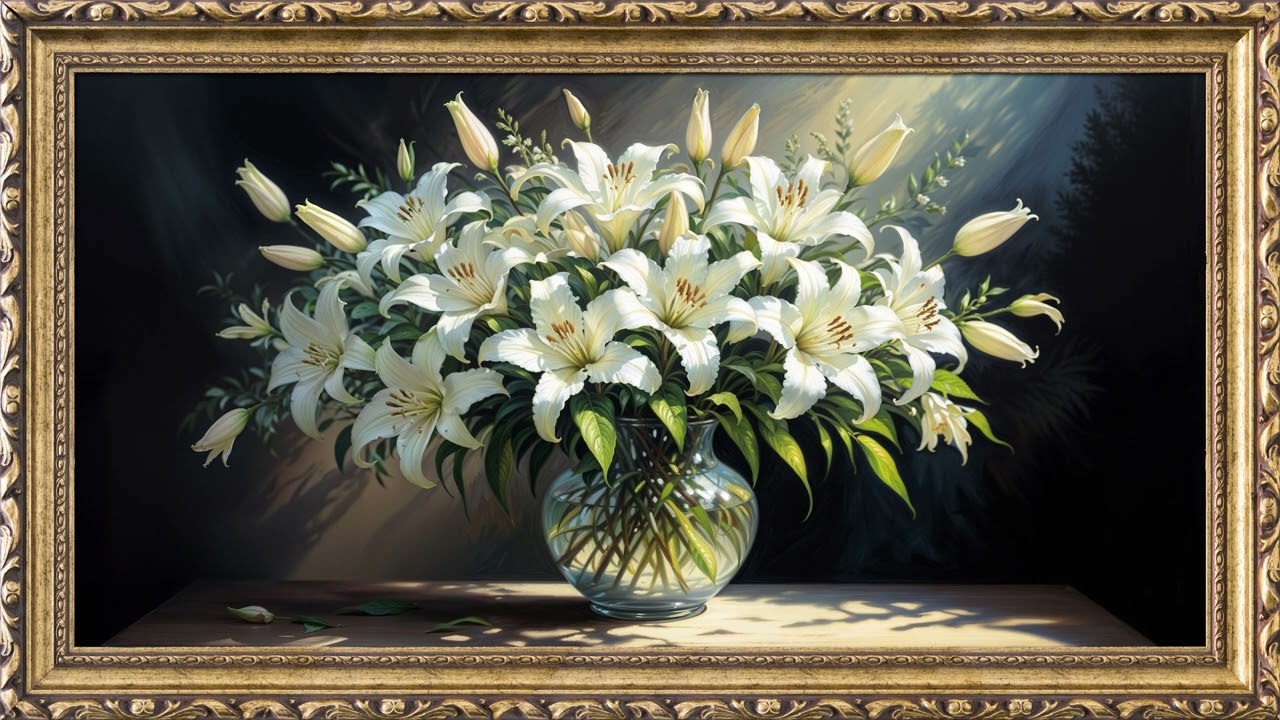 White Lilies Painting | TV Art Screensaver | 8 Hours Framed Painting | TV Wallpaper | 4K