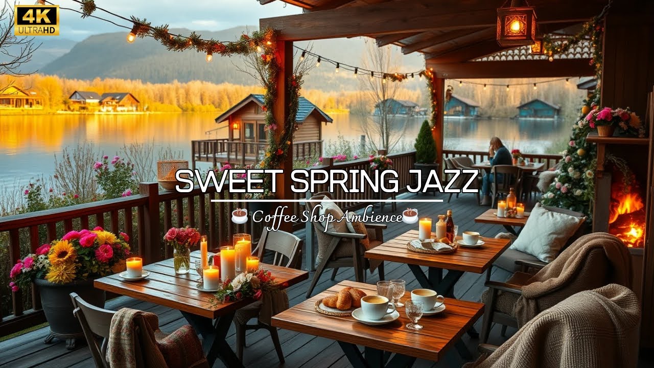 Sweet Spring Cozy Coffee Shop Ambience | Morning Tranquill and Crackling Fireplace For Stress Relief