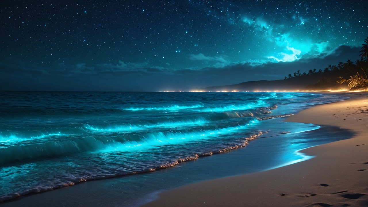 Glowing Ocean Waves at Night 🌌 Relaxing Bioluminescent Beach | 4K Ambient Nature Visual