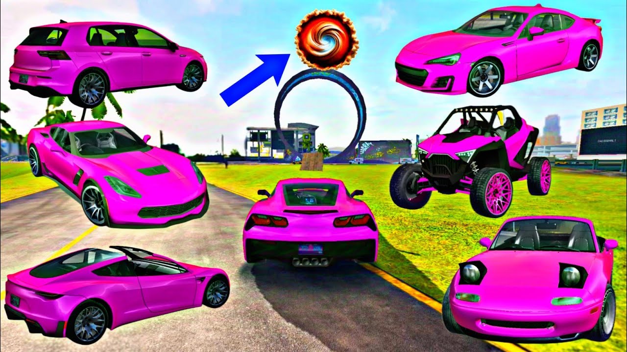 ALL Pink Super Cars Dangerous Stunts // Biggest Bridge Challenge // Extreme Car Driving Simulator