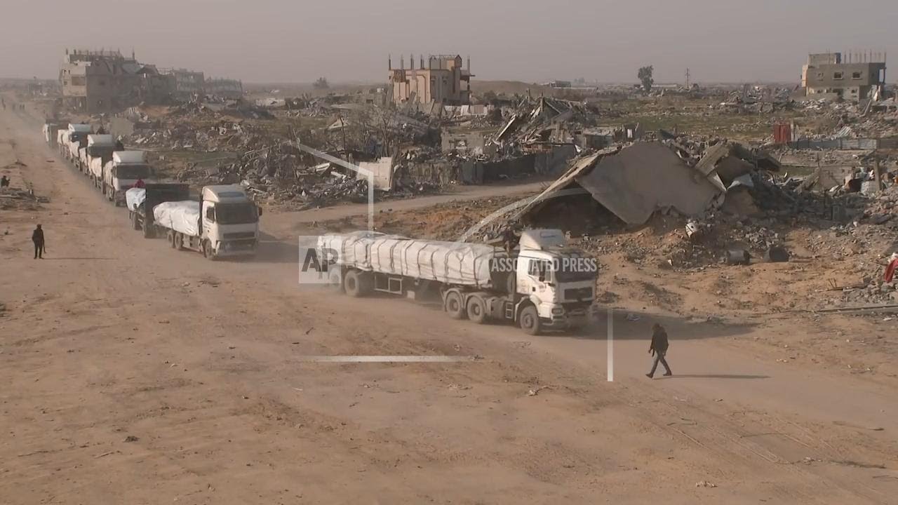 Trucks with aid driving in Rafah in the Gaza Strip
