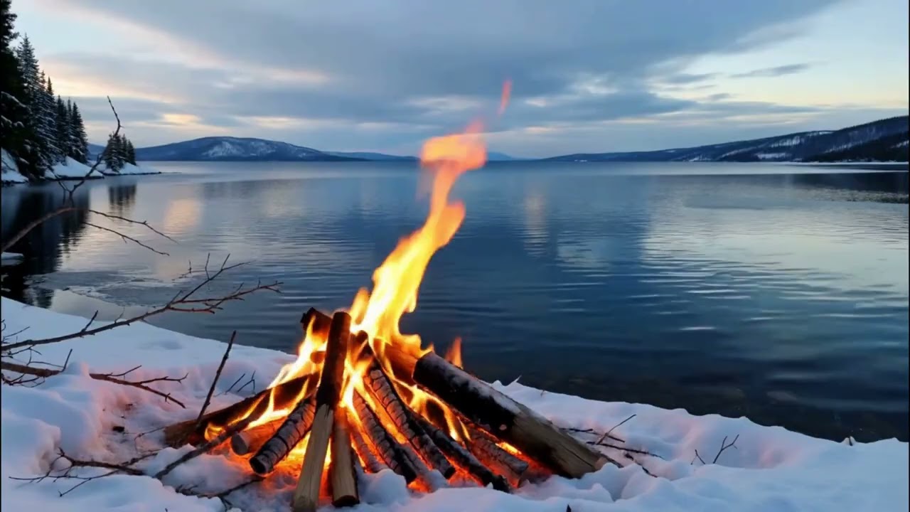 Snowy Lake Campfire | Warm Flames in a Quiet Winter Landscape