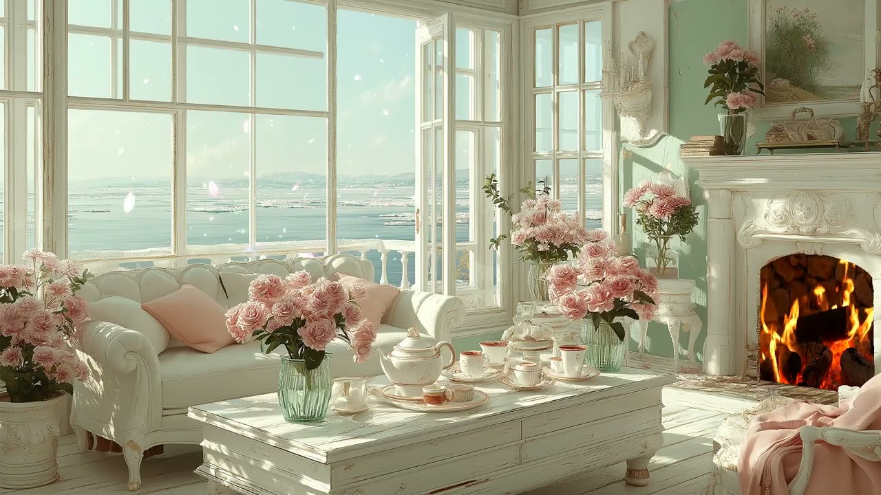 🌸 Cherry Blossom Calm Piano | Elegant White Lounge Spring Window | Relax Meditation Study Sleep