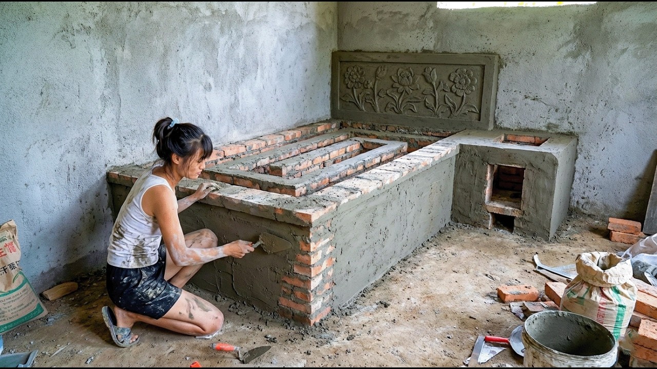 Building a Brick and Cement Heated Bed for a New House,  Rural Life