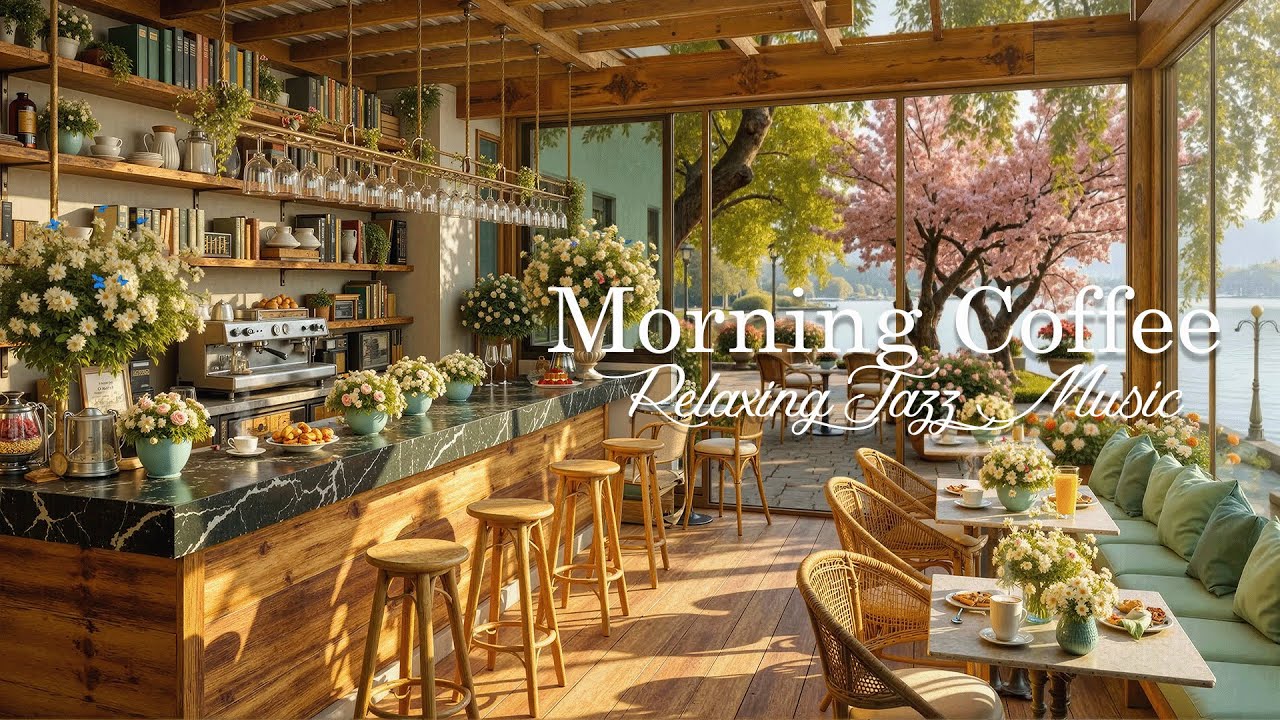 Peaceful Spring Jazz Music | Gentle Jazz Music at a Cozy Lakeside Café for Focused Work
